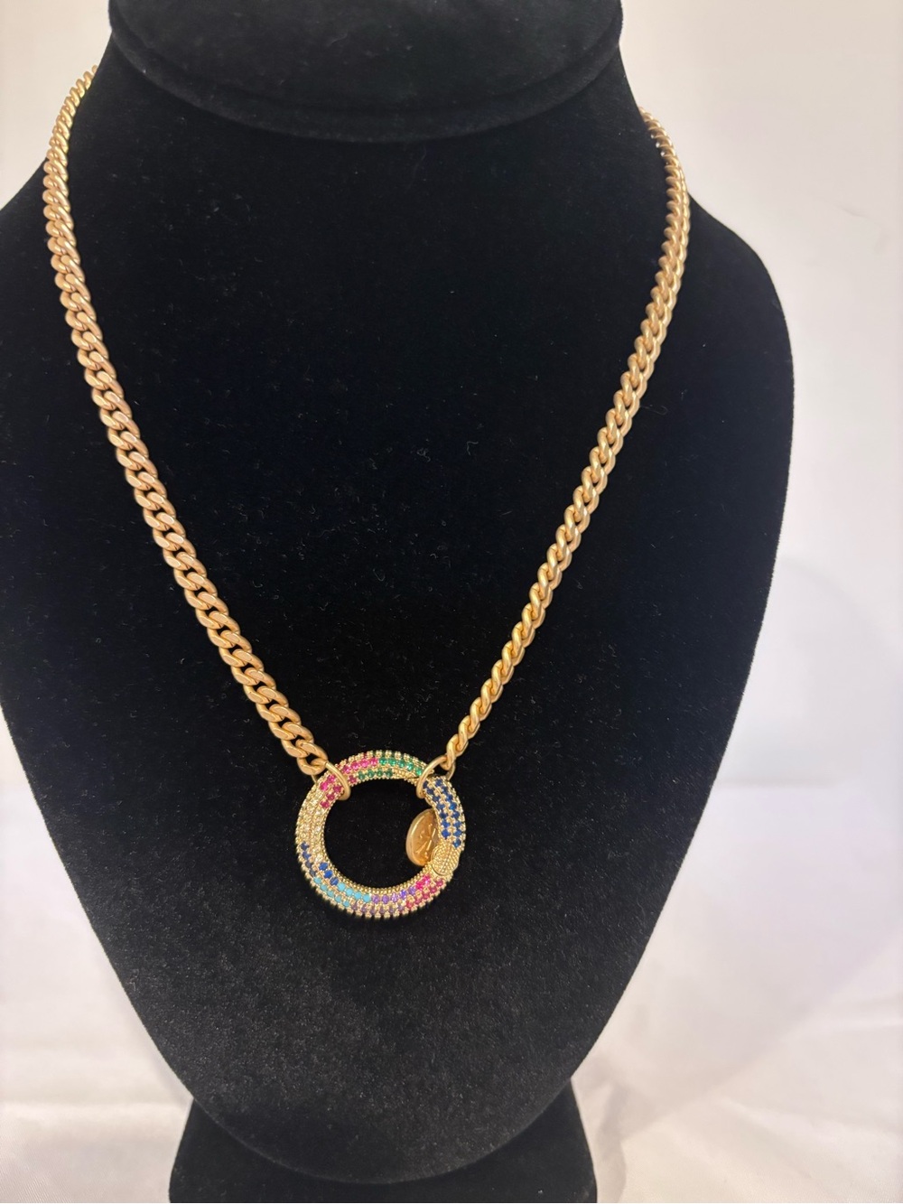 Matte Gold Tone Pave Rainbow Crystal Circle Carabiner Clasp